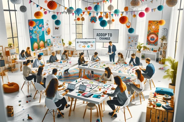DALL·E 2024-02-09 02.51.04 - An engaging workshop focused on training individuals to adapt to changes, set in a white, brightly lit room filled with colorful decorations and furni