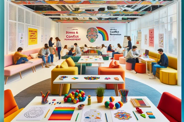 DALL·E 2024-02-09 02.51.23 - A workshop focused on stress and conflict management in a white, brightly lit room, vibrant with colorful accents. Participants are involved in activi