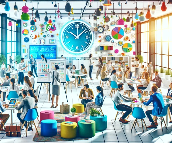 DALL·E 2024-02-09 02.51.58 - A vivid and colorful training environment focused on time management, set in a spacious, white, and brightly lit room. The scene captures a diverse gr