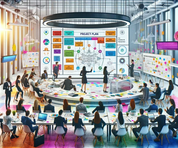 DALL·E 2024-02-09 02.52.14 - A lively project management training session set in a large, white, brightly lit room, filled with vibrant colors. The scene depicts a group of profes