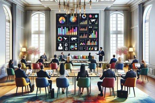 DALL·E 2024-02-09 02.58.17 - A formal yet vibrant finance workshop for non-financial professionals, set in an elegantly designed, light-filled room with large windows. The room co