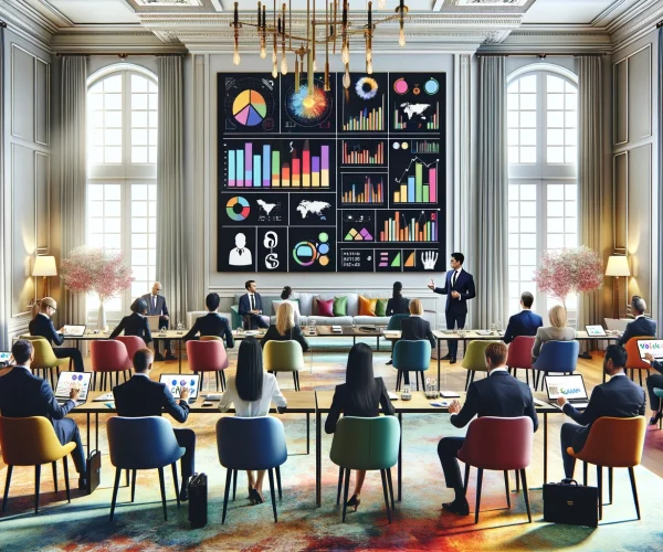 DALL·E 2024-02-09 02.58.17 - A formal yet vibrant finance workshop for non-financial professionals, set in an elegantly designed, light-filled room with large windows. The room co