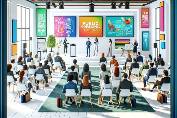DALL·E 2024-02-09 03.13.31 - A public speaking training session in a bright, white, and spacious room filled with natural light and vibrant, colorful accents. The environment is d